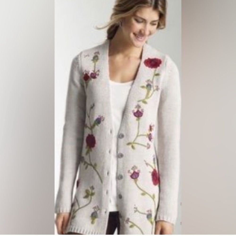 J Jill Sweater Woman Sz Small Beige Cardigan Floral Embroidered  Buttons NWT